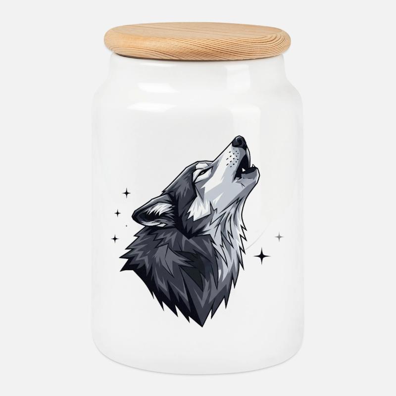 Majestätischer Wolf im Sternenhimmel - Keksdose mit Holzdeckel - Weiß