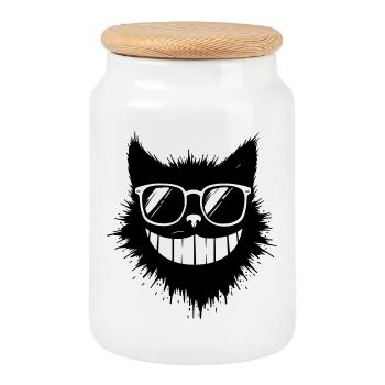 Cartoon Katze mit Sonnenbrille am Grinsen - Keksdose mit Holzdeckel - Weiß - Vorne