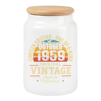 Retro October 1959 - birthday october 1959 - Cookie Jar with Wooden Lid - white - Front