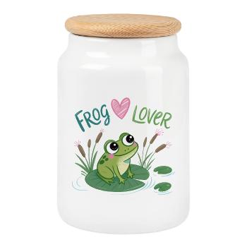 Frog in Love on Water Lily - Cookie Jar with Wooden Lid - white - Front