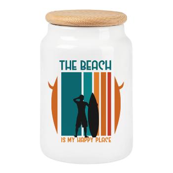 Beach Day Adventure with Surfer Silhouette - Cookie Jar with Wooden Lid - white - Front