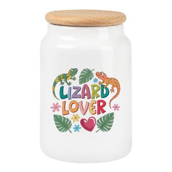 Lizard Lover Design with Animals and Flowers - Cookie Jar with Wooden Lid - white - Front