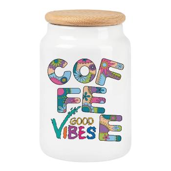 Coffee Vibes - Cookie Jar with Wooden Lid - white - Front