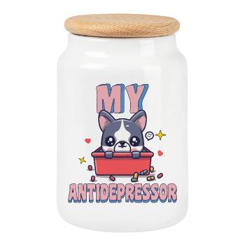My Antidepressor Bouledogue Français Humour Chien - Boîte à biscuits avec couvercle en bois - blanc - Devant