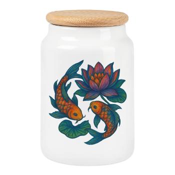Lebendige Koi- und Lotus-Wasserszene - Keksdose mit Holzdeckel - Weiß - Vorne