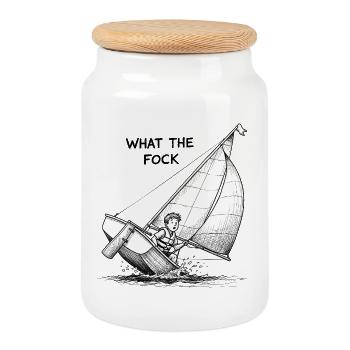 What the Fock – Sailboat Cartoon - Cookie Jar with Wooden Lid - white - Front
