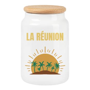 Reunion Island Sun and Palm Trees T-shirt - Cookie Jar with Wooden Lid - white - Front