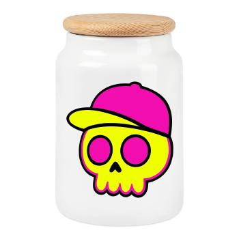 Neon Skull Cap Design - Keksdose mit Holzdeckel - Weiß - Vorne