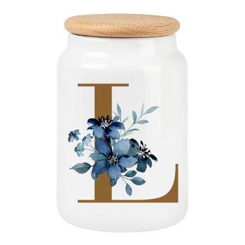 Blue Floral Monogram Design Letter L - Cookie Jar with Wooden Lid - white - Front