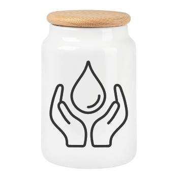Hands Protecting Water Drop Icon Logo - Cookie Jar with Wooden Lid - white - Front