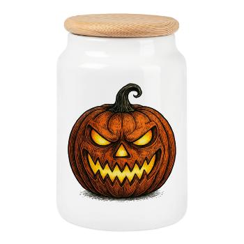 Effrayant Halloween Citrouille Face Chemise - Boîte à biscuits avec couvercle en bois - blanc - Devant