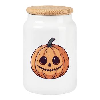 Pumpkin Skull Cartoon - Cookie Jar with Wooden Lid - white - Front