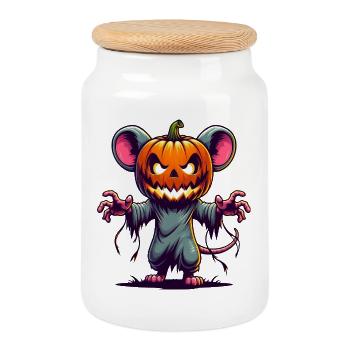 Creepy Halloween Mouse with Pumpkin Zombie Cartoon - Cookie Jar with Wooden Lid - white - Front
