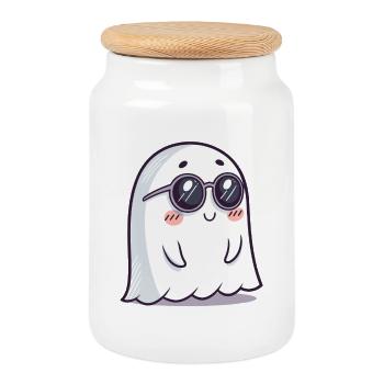Fantôme Chic Lunettes Noires Dessin Animé - Boîte à biscuits avec couvercle en bois - blanc - Devant