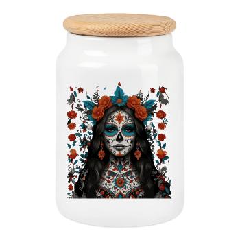 Sugar Skull Floral Queen - Cookie Jar with Wooden Lid - white - Front