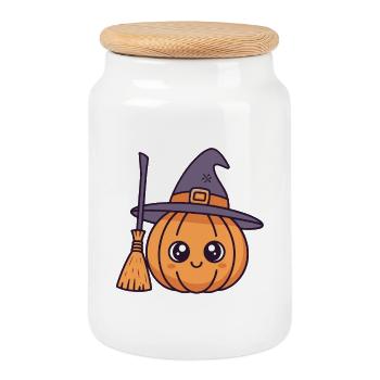 Kawaii Witch Pumpkin - Cookie Jar with Wooden Lid - white - Front