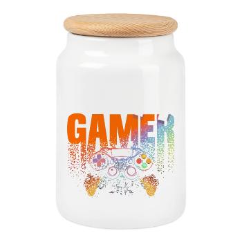 Level 14 Gamer Regenbogen Controller 14 Jahre - Keksdose mit Holzdeckel - Weiß - Vorne