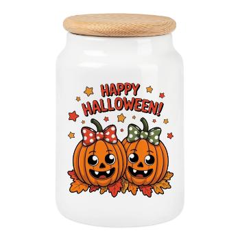 Citrouilles gaies avec des arcs - Boîte à biscuits avec couvercle en bois - blanc - Devant