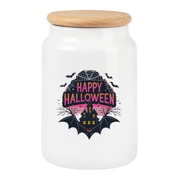 Halloween Joyeux et Château Sombre - Boîte à biscuits avec couvercle en bois - blanc - Devant