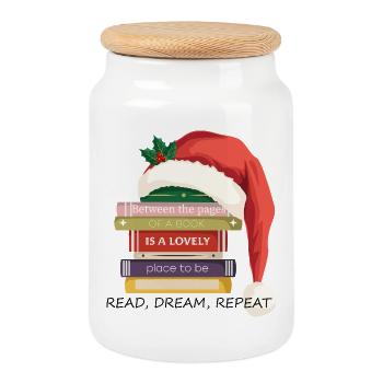 Livre Stack avec chapeau de Noël - Boîte à biscuits avec couvercle en bois - blanc - Devant