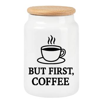 but first coffee - Cookie Jar with Wooden Lid - white - Front