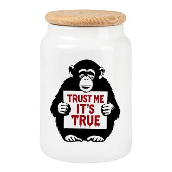 Affe mit Schild Trust Me It's True - Keksdose mit Holzdeckel - Weiß - Vorne