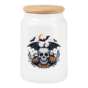 Halloween Night Skull Bats - Cookie Jar with Wooden Lid - white - Front