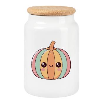 Citrouille pastel kawaii visage souriant - Boîte à biscuits avec couvercle en bois - blanc - Devant