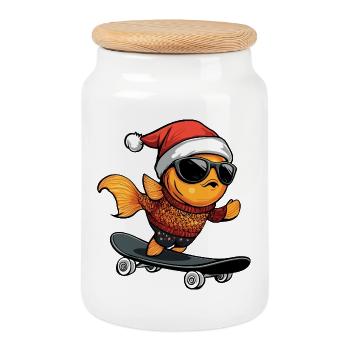Goldfish Christmas Funny - Cookie Jar with Wooden Lid - white - Front