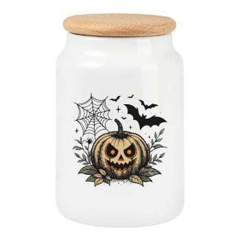 Evil Halloween Pumpkin - Cookie Jar with Wooden Lid - white - Front