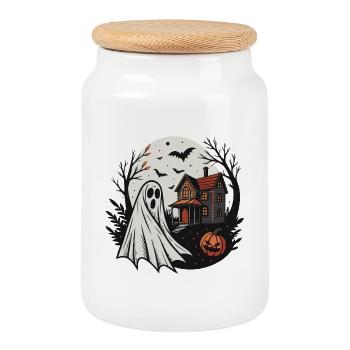 Ghost and Haunted House Night - Cookie Jar with Wooden Lid - white - Front