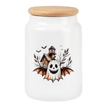 Citrouille fantôme et maison hantée - Boîte à biscuits avec couvercle en bois - blanc - Devant