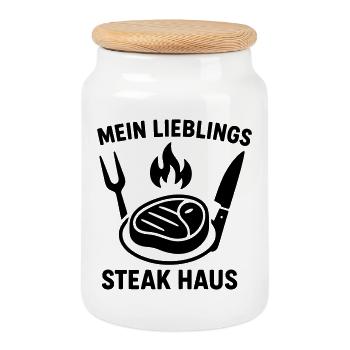 steakhouse steak food - Cookie Jar with Wooden Lid - white - Front