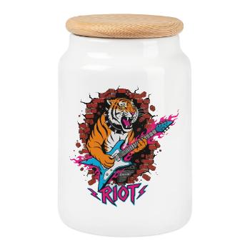 Tiger with guitar against rubble wall - Cookie Jar with Wooden Lid - white - Front