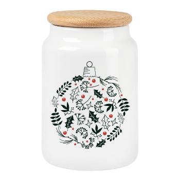 Christmas Bauble with Holly and Rowan Leaves - Cookie Jar with Wooden Lid - white - Front
