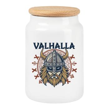 Valhalla Viking Helm Illustration - Cookie Jar with Wooden Lid - white - Front