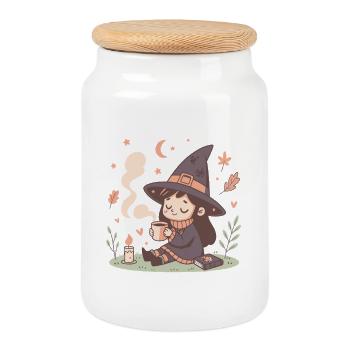 Cozy witch and steaming cup - Cookie Jar with Wooden Lid - white - Front