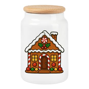 Maison en pain d’épices avec motif canne à sucre - Boîte à biscuits avec couvercle en bois - blanc - Devant