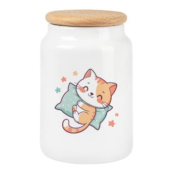 Chat câlin sur oreiller étoiles - Boîte à biscuits avec couvercle en bois - blanc - Devant