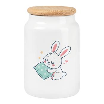 Lapin câlin et oreiller étoilé - Boîte à biscuits avec couvercle en bois - blanc - Devant