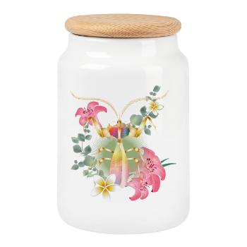 Tropical insect with flowers – mystical nature motif - Cookie Jar with Wooden Lid - white - Front