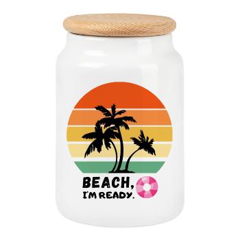 Palmen bei Sonnenuntergang am Strand - Urlaub - Keksdose mit Holzdeckel - Weiß - Vorne