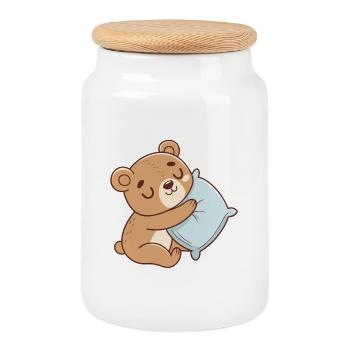 Ourson câlin et coussin bleu - Boîte à biscuits avec couvercle en bois - blanc - Devant