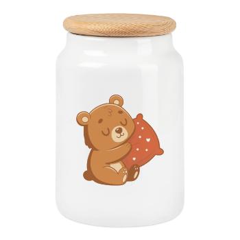 Cuddle Bear and Heart Cushion - Cookie Jar with Wooden Lid - white - Front