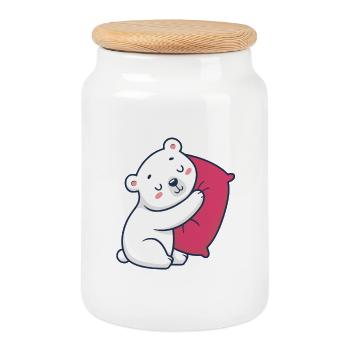 Polar bear hug and pink pillow - Cookie Jar with Wooden Lid - white - Front