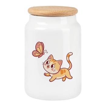Chat curieux et papillon - Boîte à biscuits avec couvercle en bois - blanc - Devant