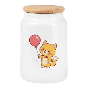 Chat kawaii et ballon rose - Boîte à biscuits avec couvercle en bois - blanc - Devant