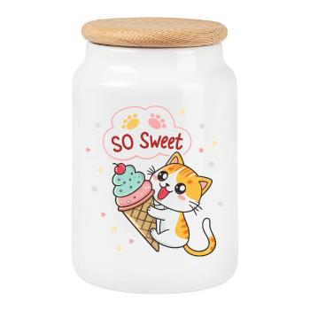 Chat gourmand avec glace pastel - Cookie Jar with Wooden Lid - white - Front