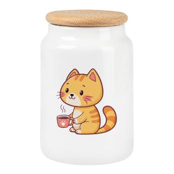 Orange Katze Kaffee-Cartoon - Keksdose mit Holzdeckel - Weiß - Vorne
