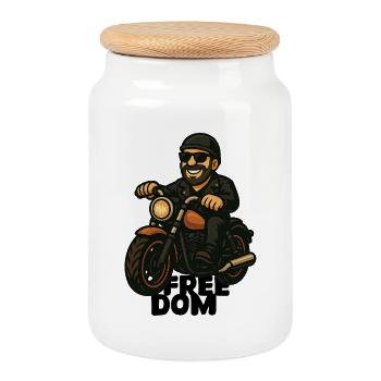 Casual Biker on Motorcycle Comic - Cookie Jar with Wooden Lid - white - Front